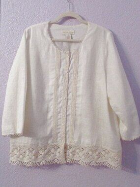 Parisian Linen Blouse Top Size 16 Crochet Tunic Button Up Old Money Coastal Boho